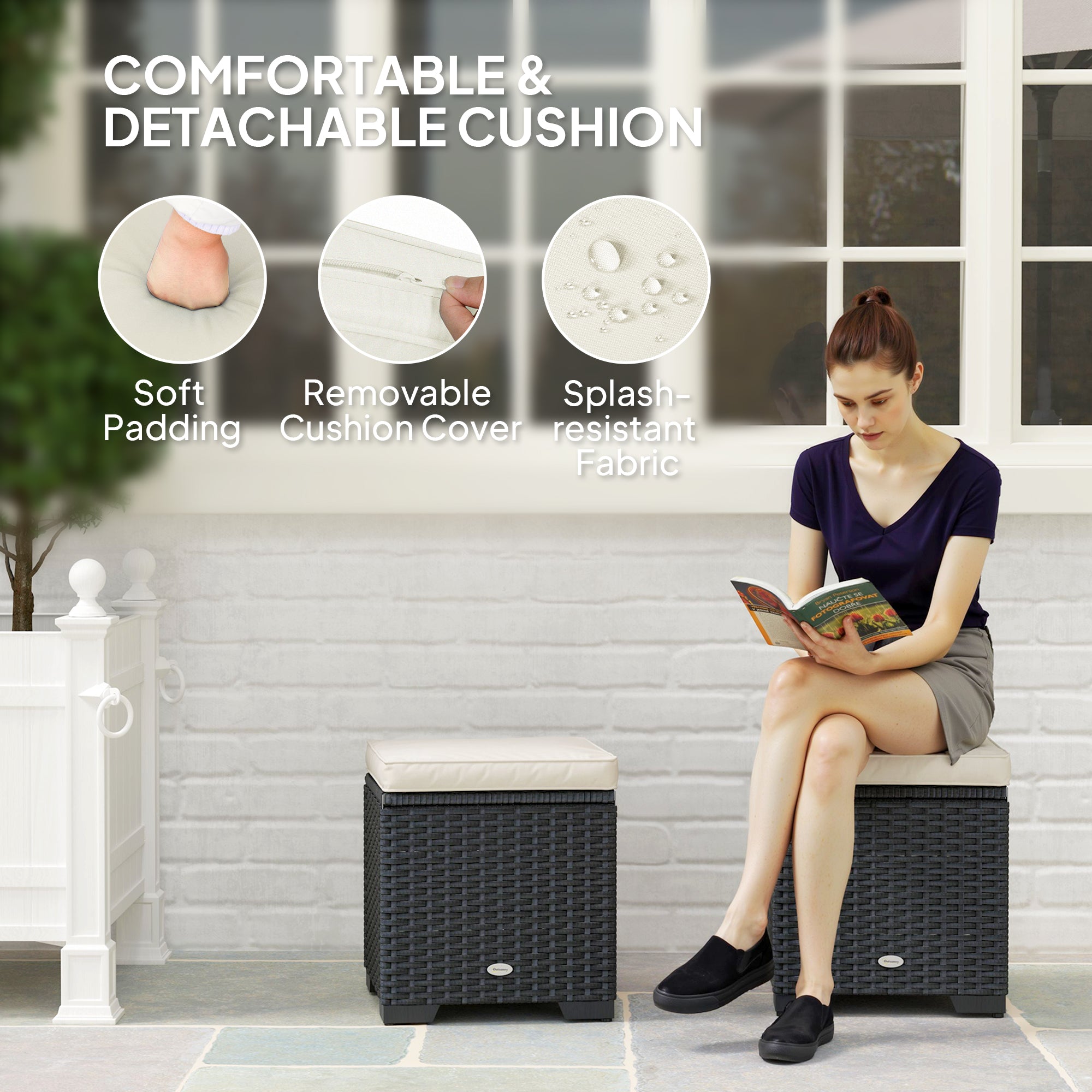 Outsunny Set of 2 Rattan Storage Ottoman, Outdoor Footstool with Removable Cushions, Garden Storage Seat for Balcony, Poolside, Living Room, Cream