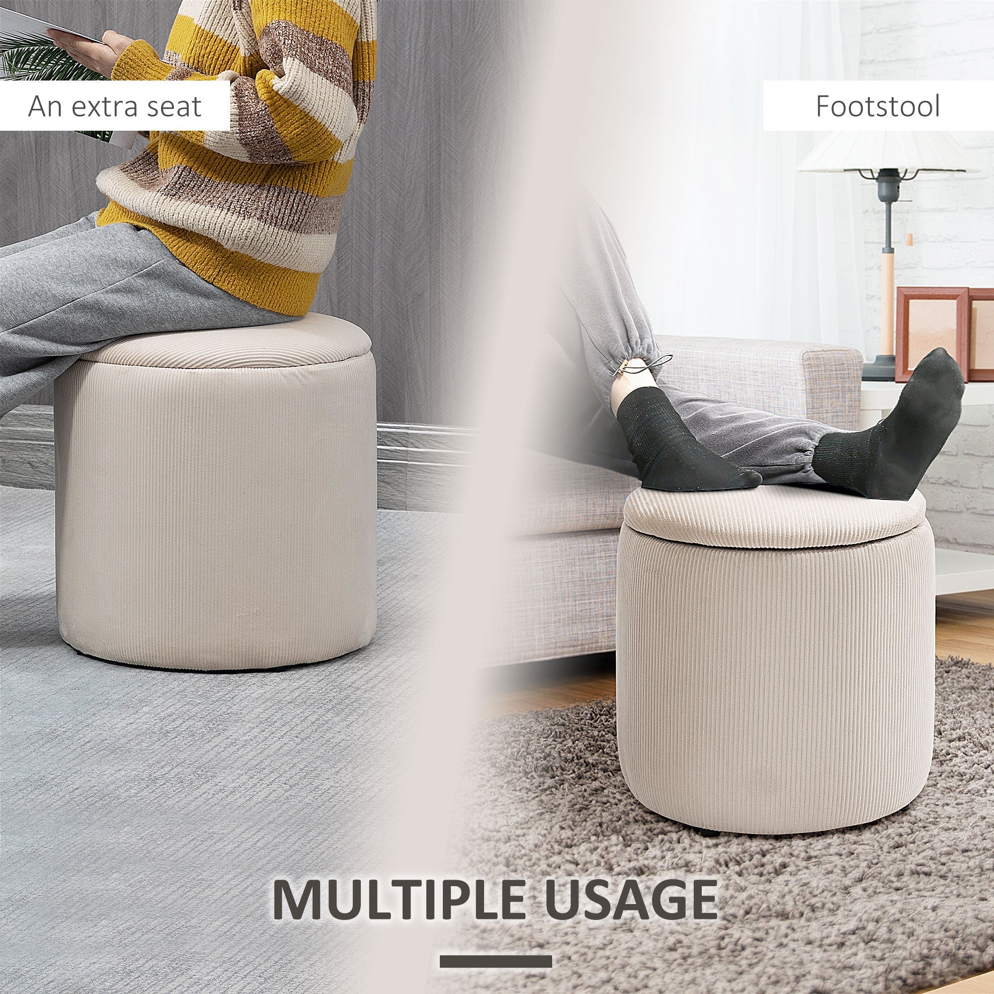 HOMCOM Modern Storage Ottoman with Removable Lid, Fabric Storage Stool, Foot Stool, Dressing Table Stool Side Table, Set of 2, Cream White