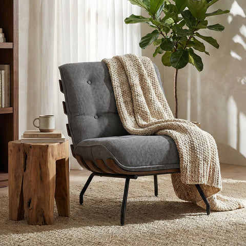HOMCOM Accent Chair, Linen-look Fabric Reading Chair with Spring Cushion, Slatted Support, Steel Frame, Dark Grey