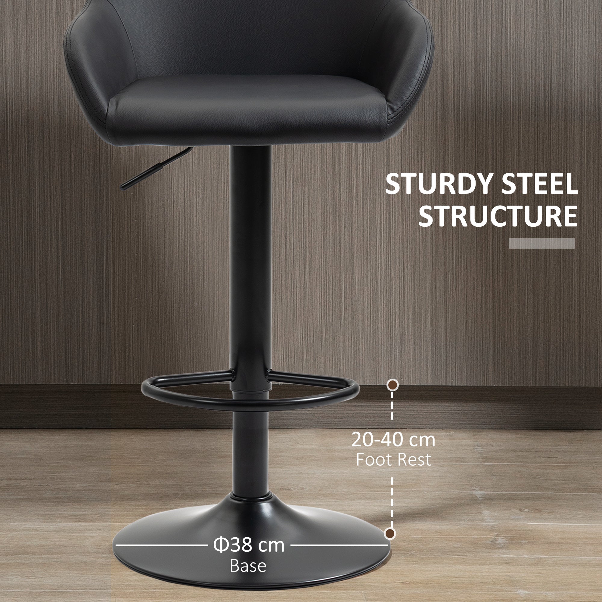HOMCOM Bar Stools Set of 2, Height Adjustable Swivel Barstools, PU Leather Kitchen Stools with Backs, Armrests and Footrest for Home, Counter and Dining Room, Black