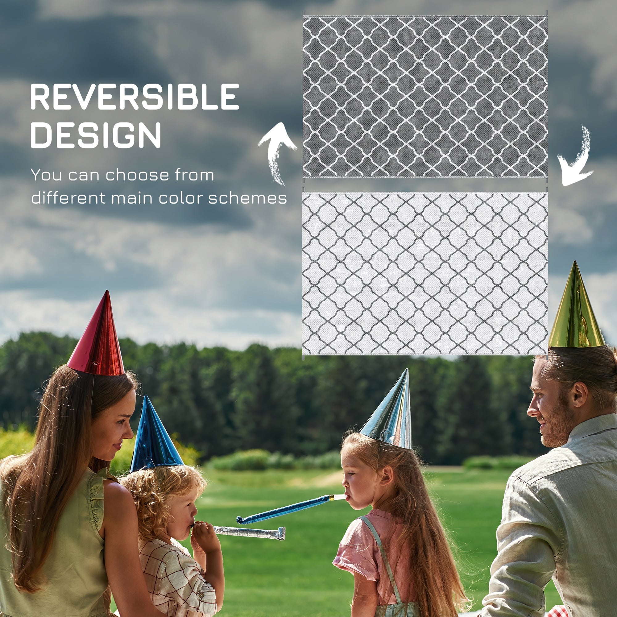 Outsunny Reversible Outdoor Rug with Carry Bag, Waterproof Plastic Straw Mat for Garden, Deck, RV, Picnic, Beach, Camping, 182 x 274cm, Grey