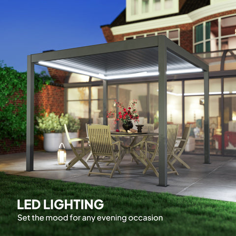 Outsunny 3 x 3(m) Electric Louvered Pergola with LED Lights, Aluminium Pergola Hardtop Gazebo with Remote, Adjustable Roof and Drainage System, Water and UV Proof