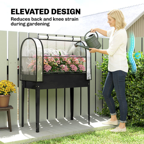Outsunny Raised Planter with Flip-Up Greenhouse Cover, Metal Raised Garden Bed on Legs with Drainage Hole, Black