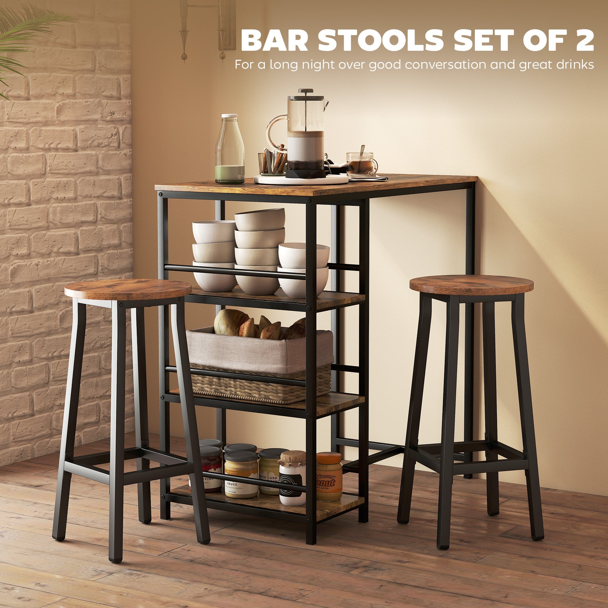 HOMCOM Bar Stools Set of 2 Breakfast Bar Stools with Footrest, Industrial Round, 32 x 32 x 65 cm, Rustic Brown