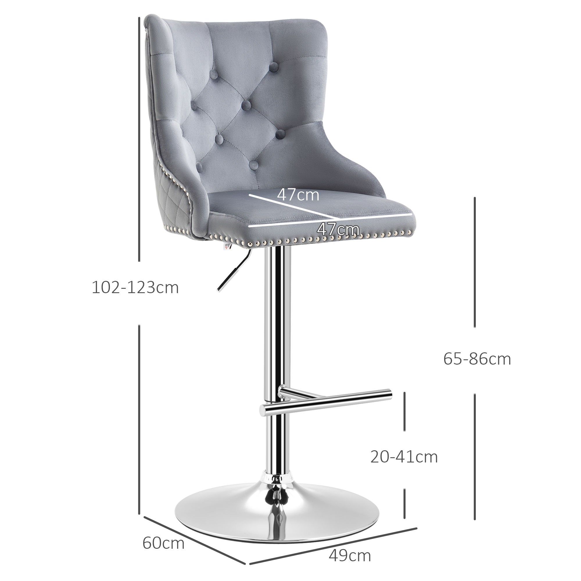 HOMCOM Modern Adjustable Bar Stools Set of 2, Swivel Velvet Barstools with Button Tufted Back, Footrest, Nailhead Trim for Home Bar, Grey