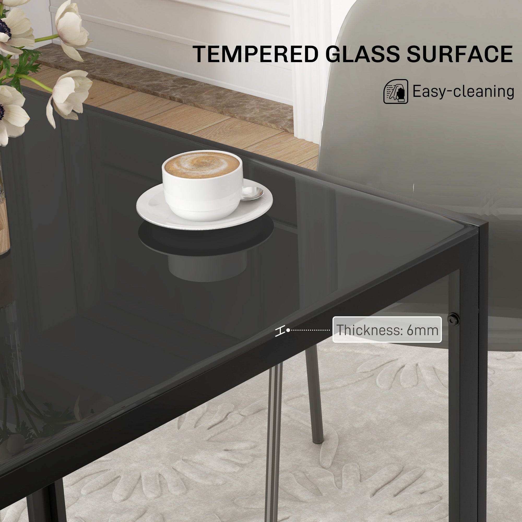 HOMCOM Modern Square Dining Table for 2-4 People, with Glass Top & Metal Legs, Black