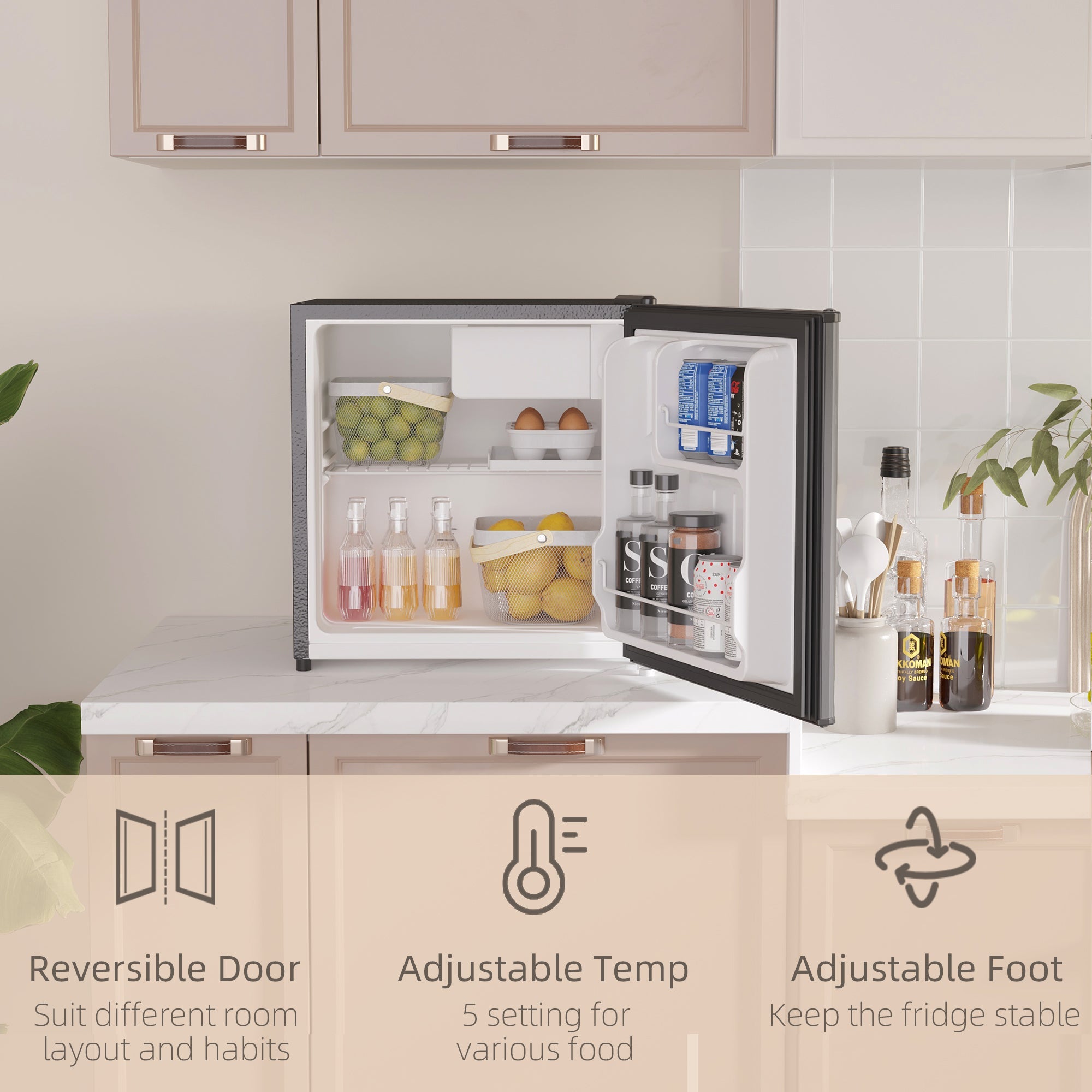 HOMCOM 46 Litre Table Top Mini Fridge, Small Fridge with Ice Box, Reversible Door, Adjustable Temperature and Legs for Bedrooms, Home Office, Black