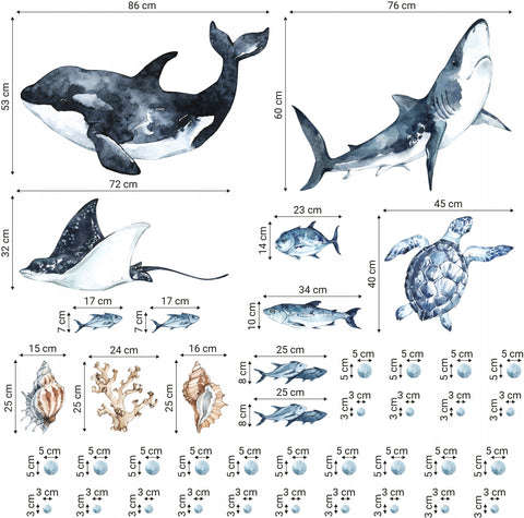 Ocean Predators Decal Set - Orca, Great White Shark, Stingray + More - Watercolour effect stickers