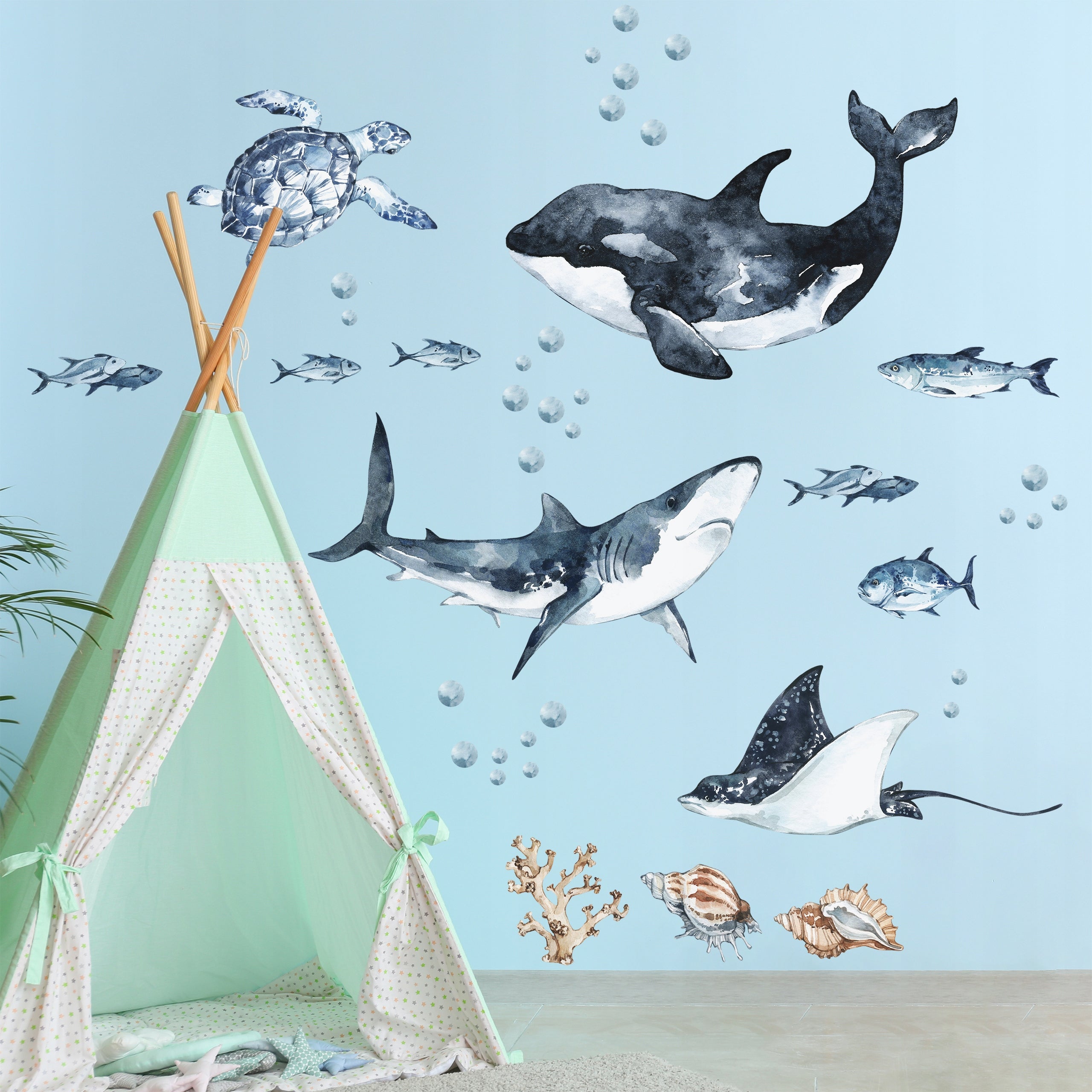 Ocean Predators Decal Set - Orca, Great White Shark, Stingray + More - Watercolour effect stickers