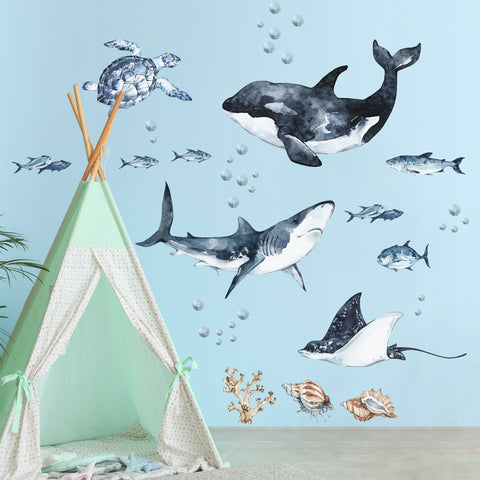 Ocean Predators Decal Set - Orca, Great White Shark, Stingray + More - Watercolour effect stickers