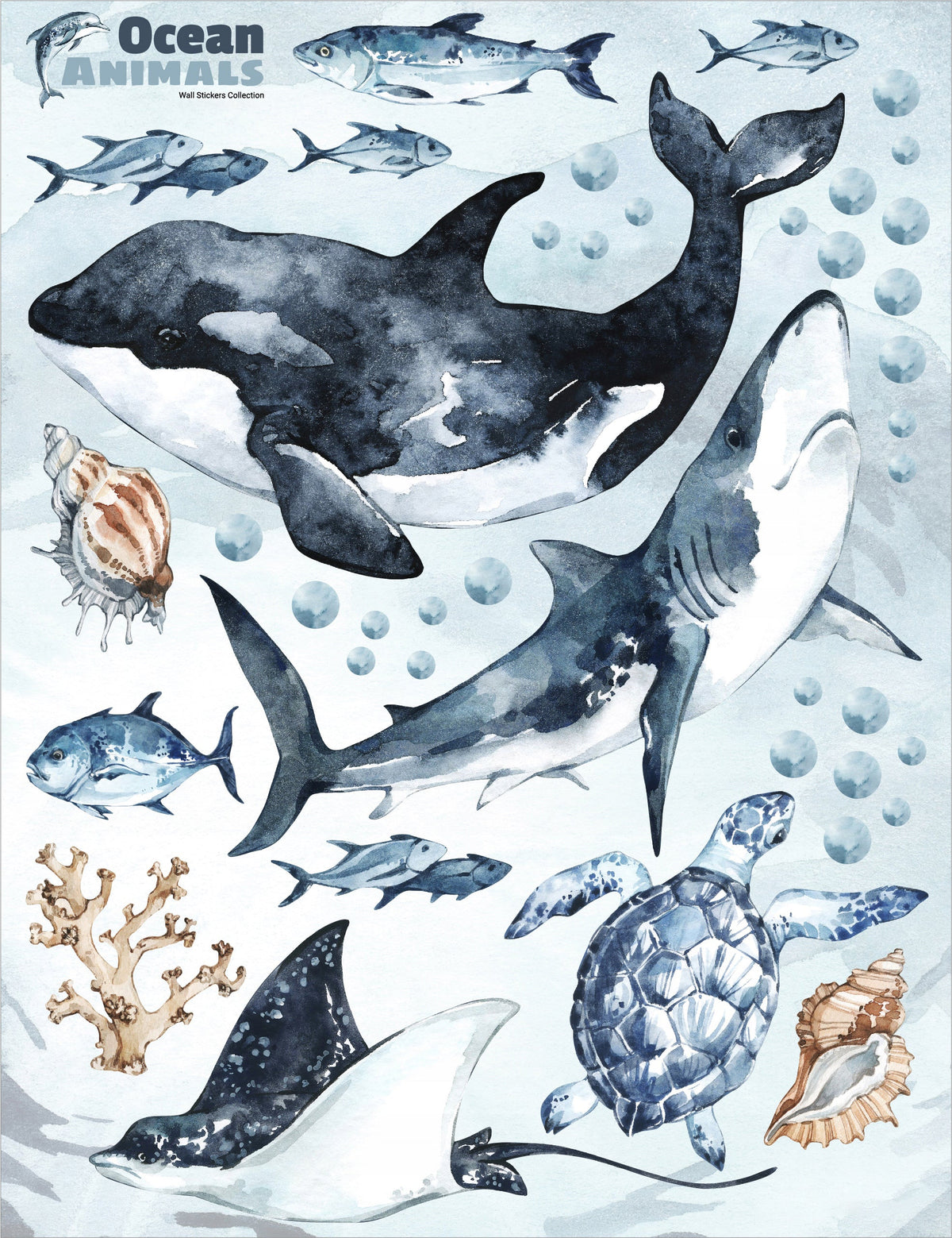 Ocean Predators Decal Set - Orca, Great White Shark, Stingray + More - Watercolour effect stickers