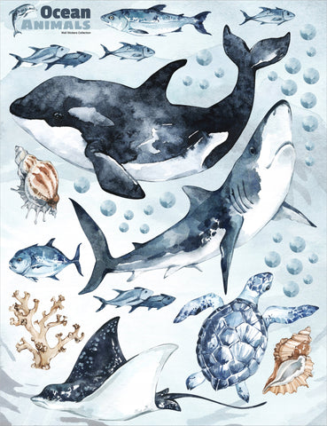 Ocean Predators Decal Set - Orca, Great White Shark, Stingray + More - Watercolour effect stickers