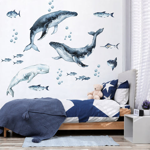 Whales & Fishes Decal Set - Ocean theme - Watercolour effect wall stickers