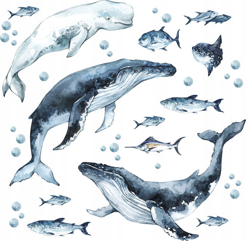 Whales & Fishes Decal Set - Ocean theme - Watercolour effect wall stickers