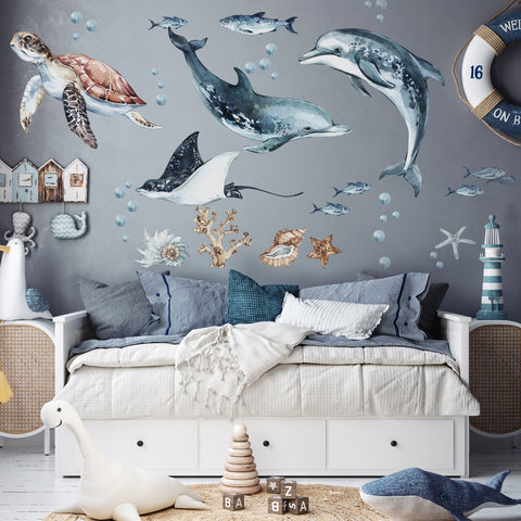Dolphins & Turtle Decal Set - Ocean Theme - Watercolour Effect Stickers