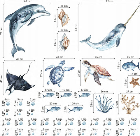 Ocean Decal Set - Dolphin, Narwhal, Stingray, Turtle + More - Watercolour Effect Stickers - Ocean Theme
