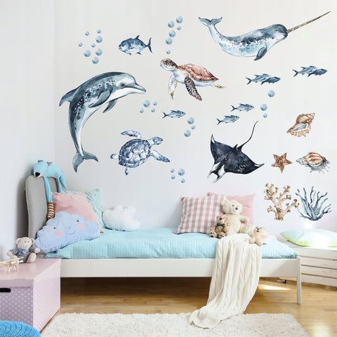 Ocean Decal Set - Dolphin, Narwhal, Stingray, Turtle + More - Watercolour Effect Stickers - Ocean Theme