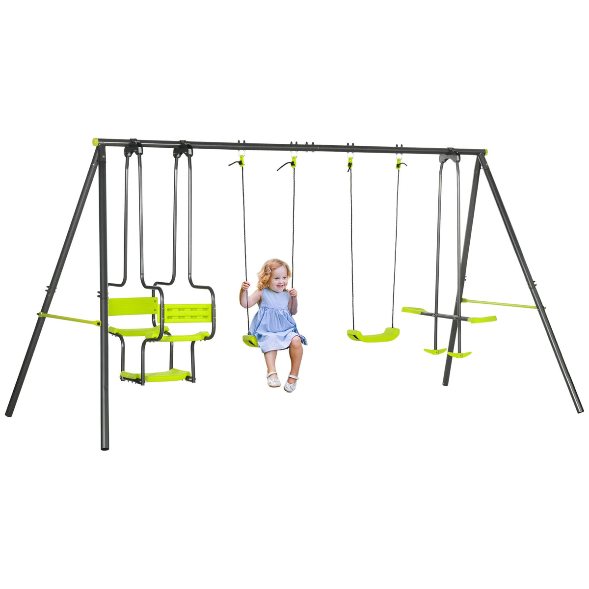Outsunny Metal Garden Swing Set with Double Swings, Glider, Swing Seats - Green