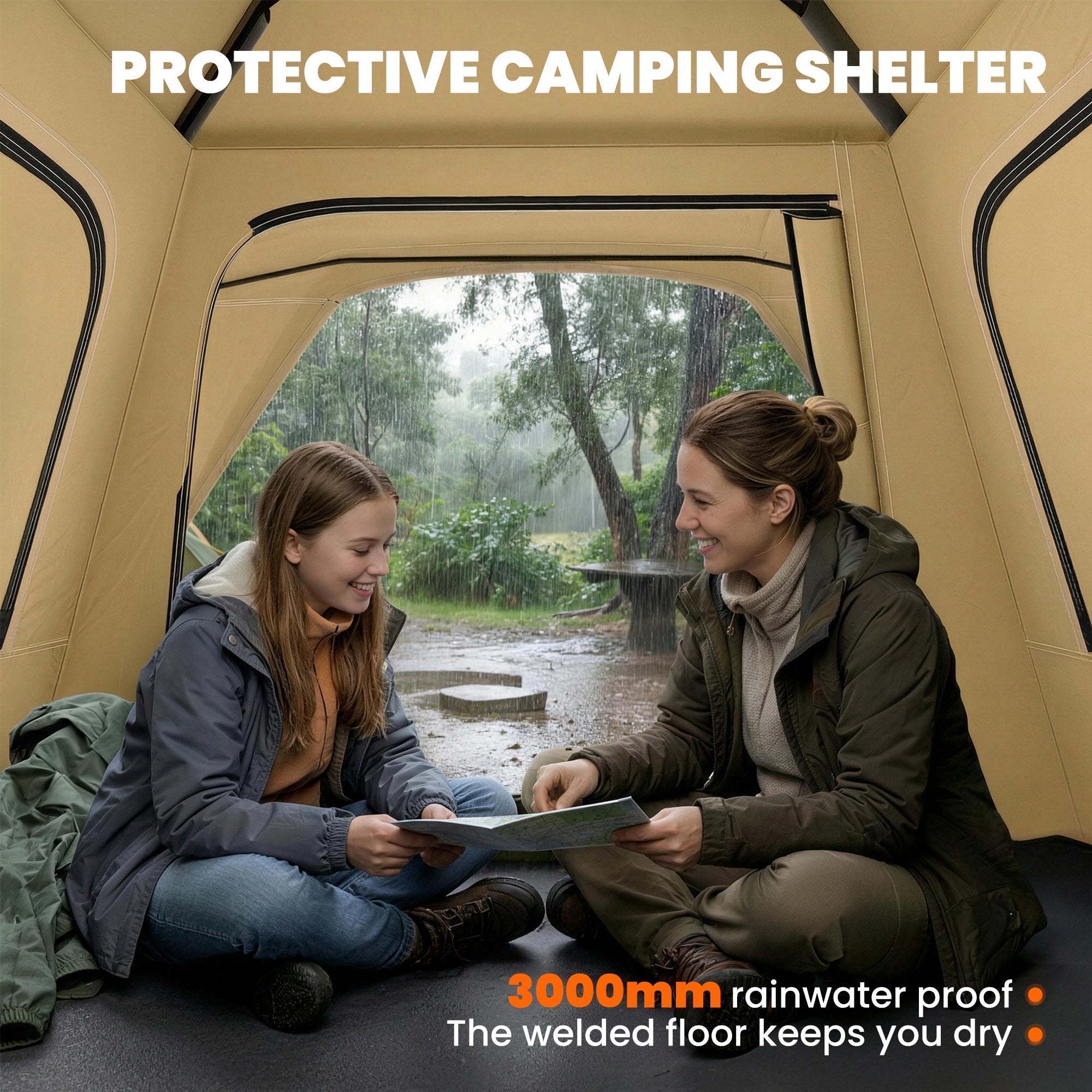 Outsunny Pop Up Tent 3000mm Waterproof Camping Tents with Mesh Windows 2-3 People Khaki