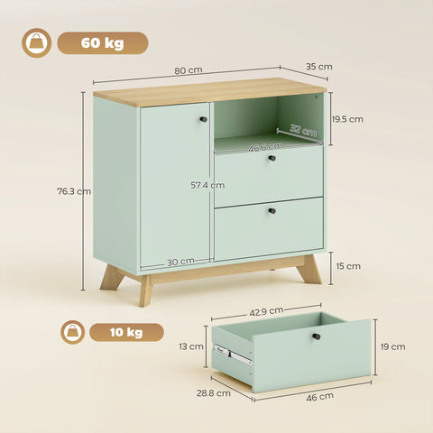HOMCOM Sideboard Storage Cabinet, 80 cm Buffet Cabinet with 2 Drawers, Open Compartment, Adjustable Shelf, Light Green and Oak