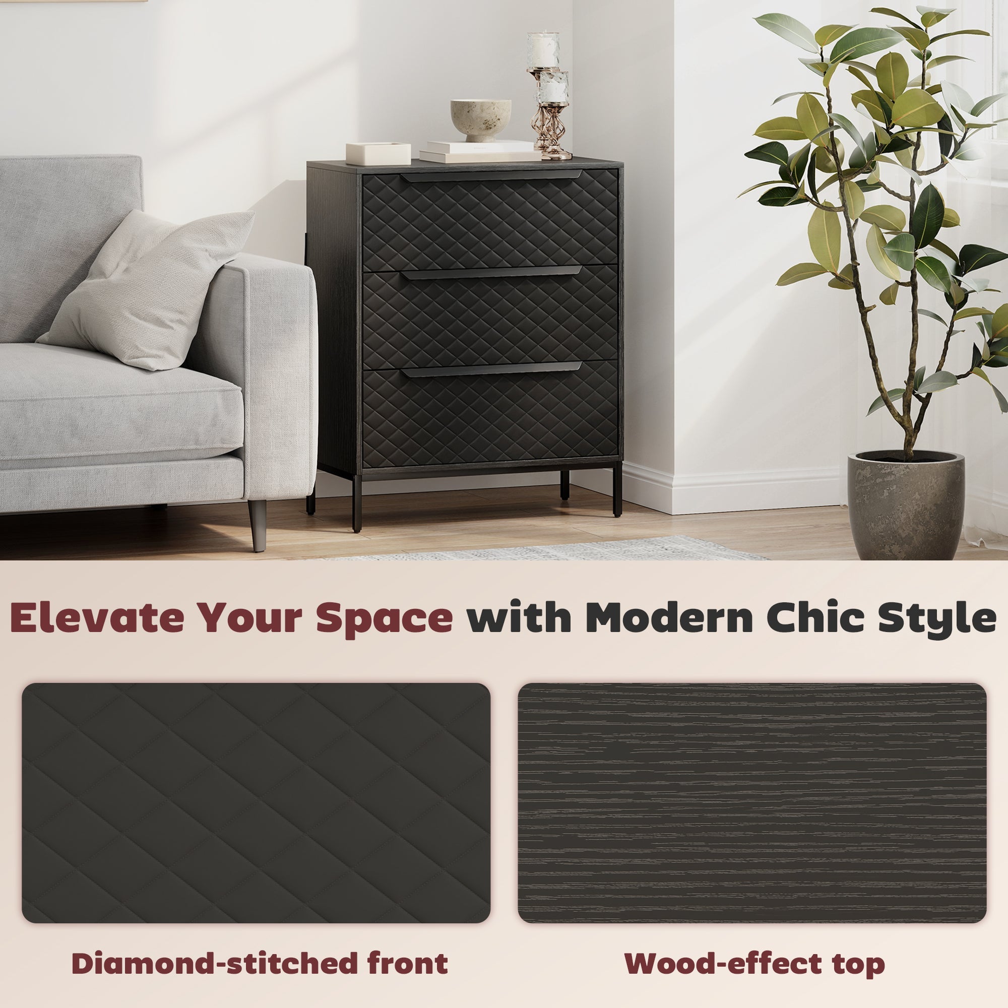 HOMCOM Chest of Drawers, Dresser with 3 Fabric Drawers and Aluminium Handles - Black