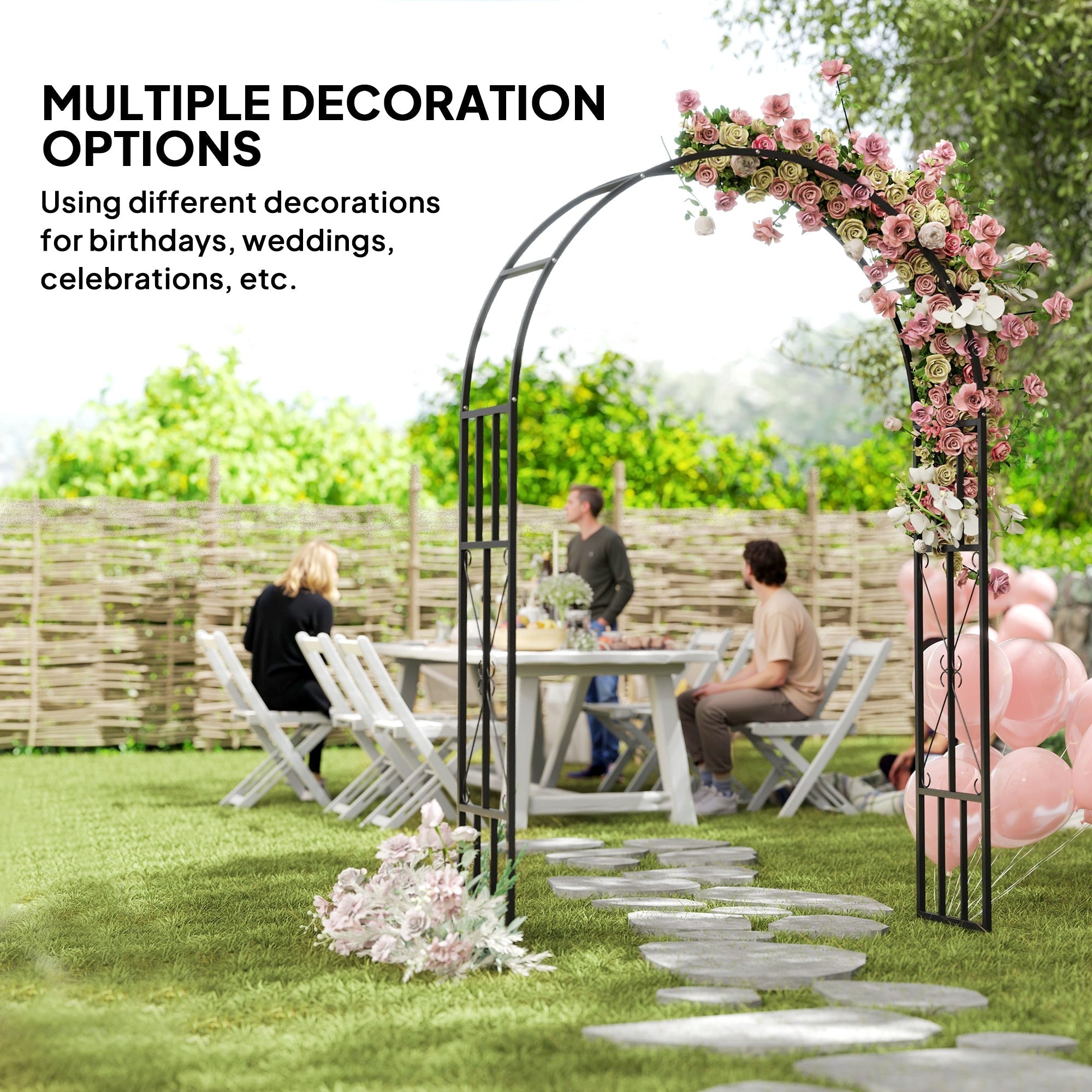 Outsunny Steel Garden Arch, 2.2m High x 1.5m Wide Metal Garden Trellis for Climbing Plants Roses Wisteria Vines, Outdoor Wedding Arch for Bridal Party Ceremony Decoration, Black