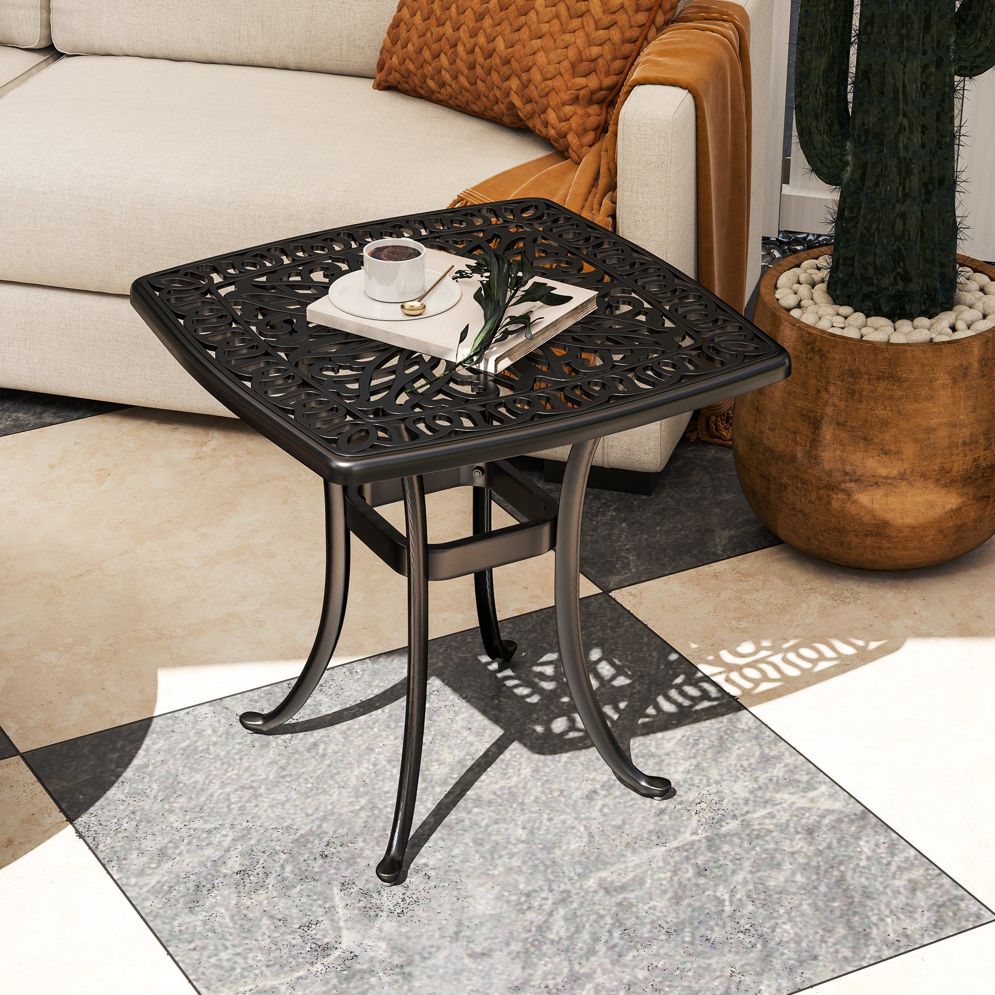 Outsunny Outdoor Garden Table with 38mm Dia. Umbrella Hole, Cast Aluminium Patio End Table with Anti-slip Foot Pads for Garden, Patio, Balcony, 54 x 54cm, Black