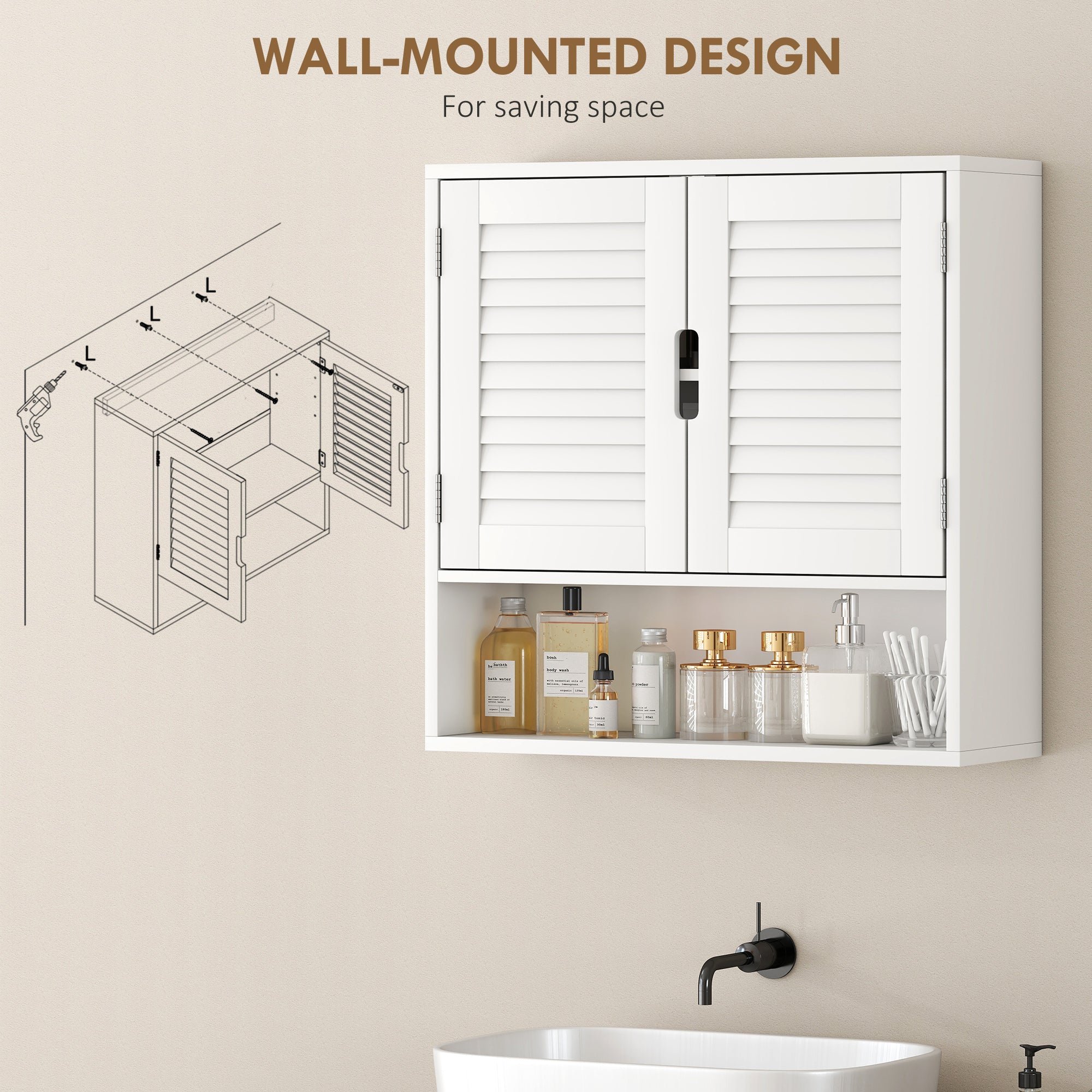 HOMCOM Bathroom Cabinet, Wall Mounted Storage Cabinet with Adjustable Shelves, 60 x 20 x 60 cm, White