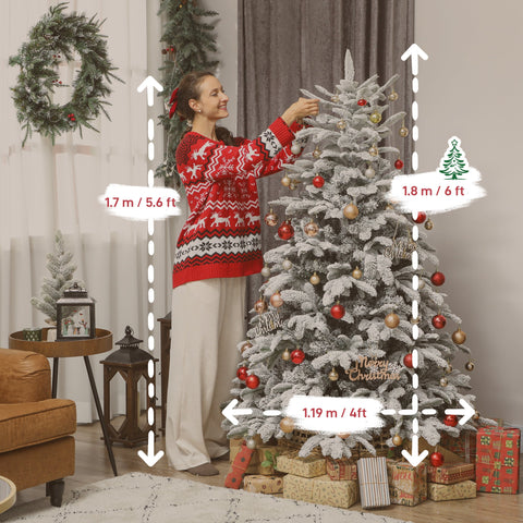 HOMCOM 6 ft Artificial Flocked Christmas Tree with 1182 Branches, Hinged Xmas Tree with Foldable Metal Stand, Easy Assembly for Home Office Decor