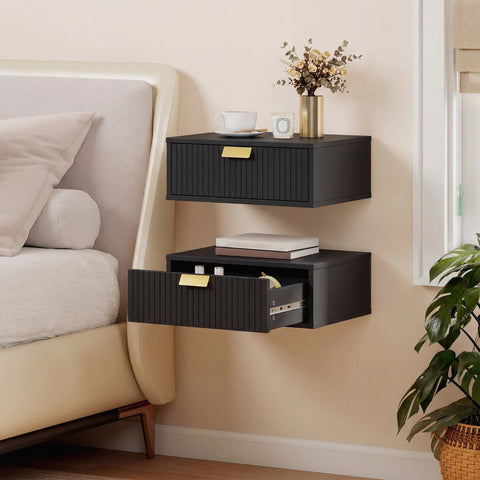 HOMCOM Modern Floating Nightstands Set of 2, Wall Mounted Bedside Tables with Wave Drawer Black