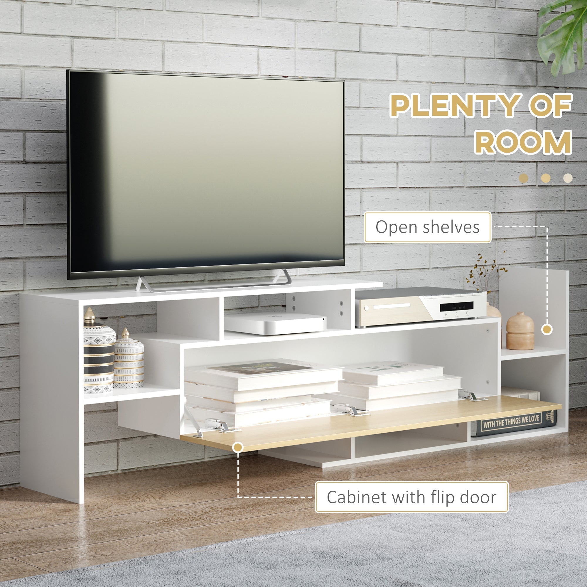 HOMCOM TV Cabinet with Wall Shelf for Wall-Mounted 65" TVs or Standing 40" TVs - White and Natural
