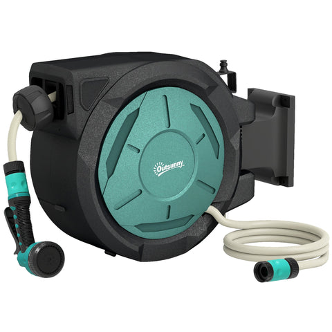 Outsunny Retractable Hose Reel Wall Mounted, 20+2m Garden Hose Pipe Reel with Lock, Auto Rewind, 7 in 1 Spray Nozzle, Includes Wall Fixings, 180° Swivel, Outdoor Watering, 54 x 20 x 39 cm, Black
