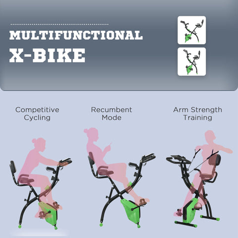 HOMCOM 2-in-1 Folding Exercise Bike with 8-Level Magnetic Resistance, Arm Resistance Band, Pulse Sensor, Green