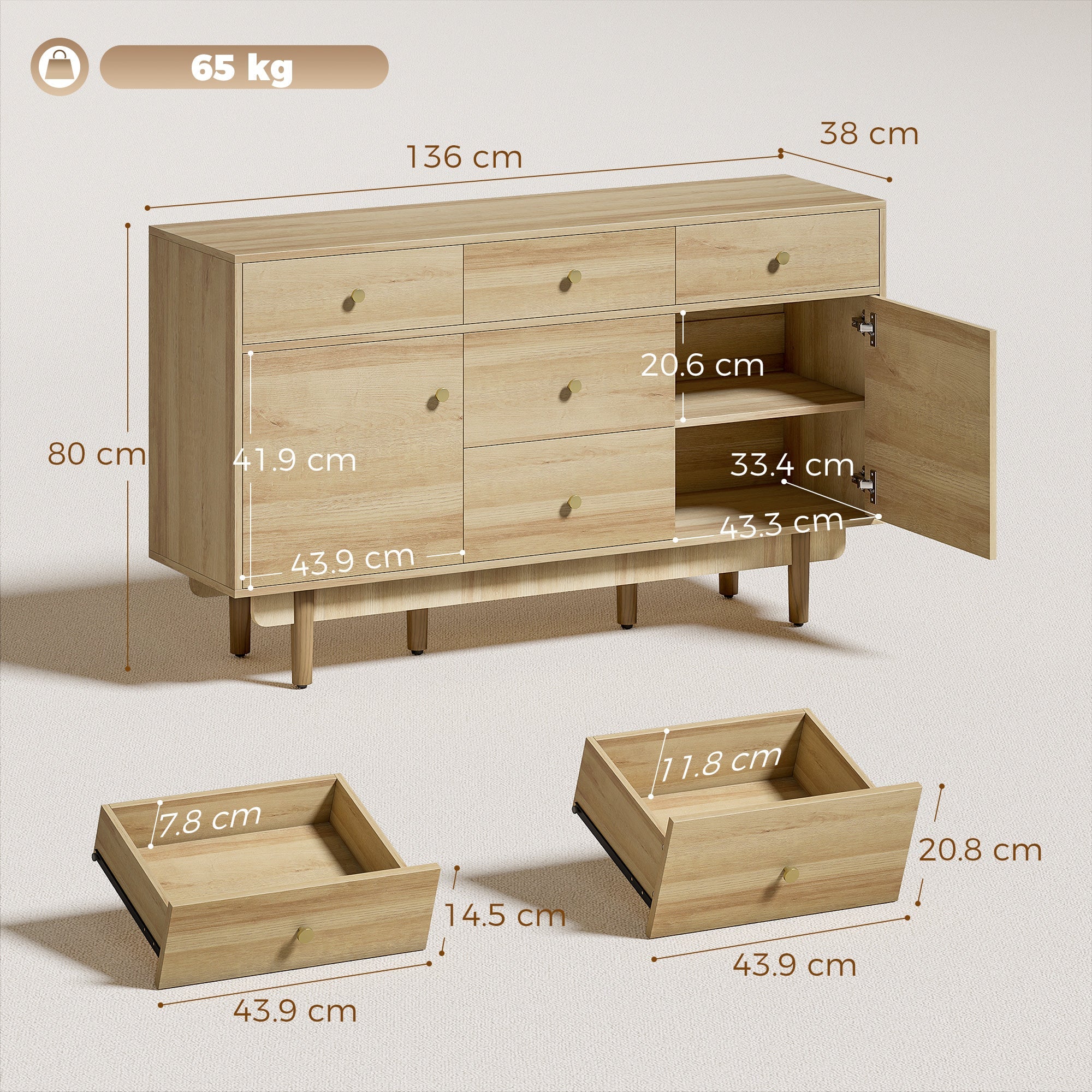HOMCOM Sideboard with 5 Drawers and 2 Cabinets Buffet Cabinet with Solid Wood Legs 136 cm Walnut