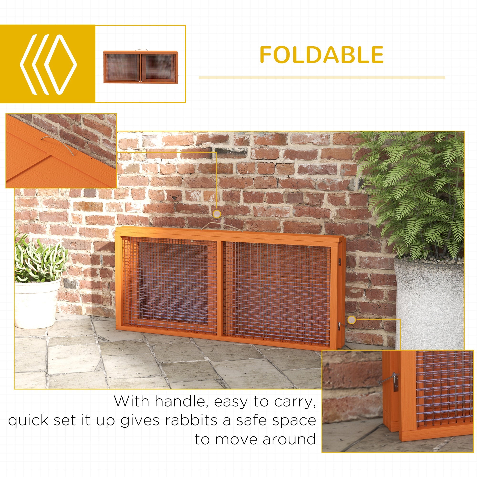 PawHut Wooden Folding Rabbit Hutch, for 2-3 Rabbits - Orange