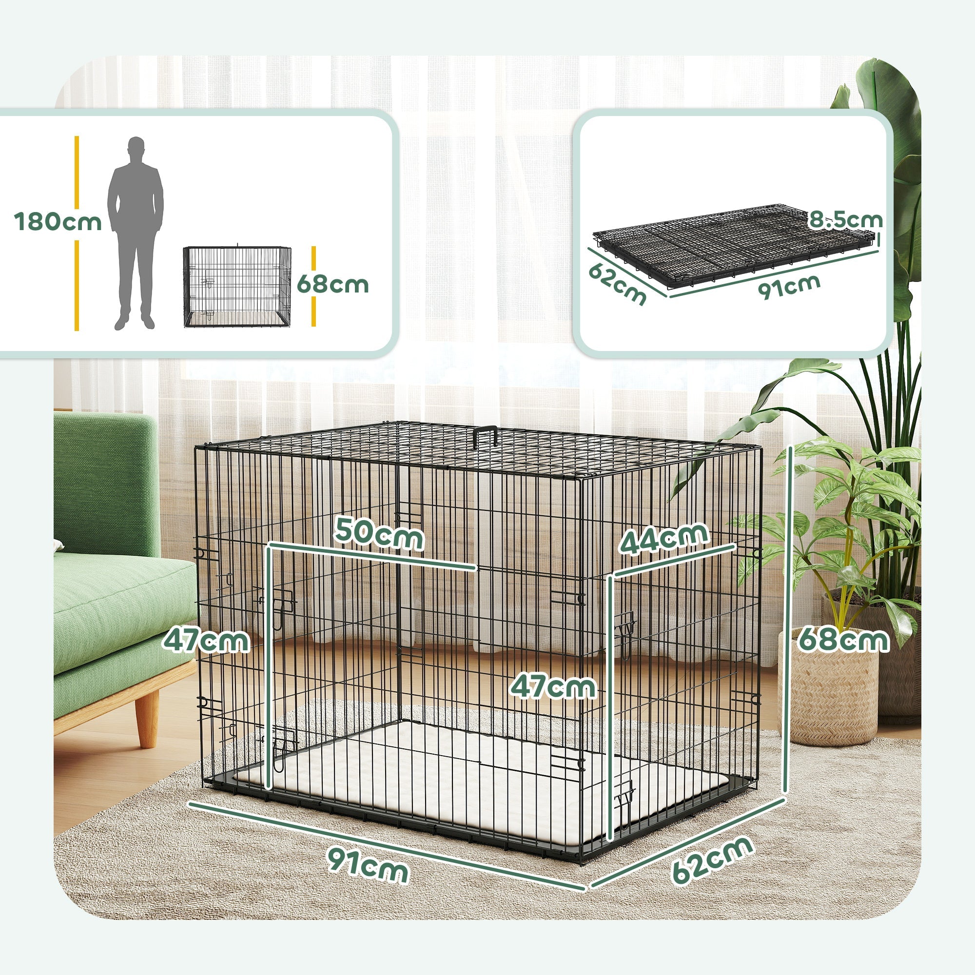 PawHut Foldable Dog Crate with 2 Doors with Tray, Soft Cushion, for Large Medium Dogs, 91 x 62 x 68, Black