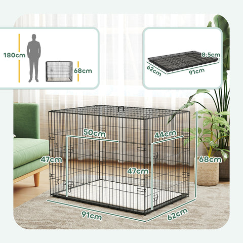 PawHut Foldable Dog Crate with 2 Doors with Tray, Soft Cushion, for Large Medium Dogs, 91 x 62 x 68, Black