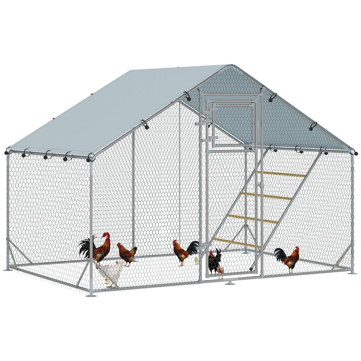 PawHut Walk in Chicken Run w/ Cover, Feeding Door, Hanging Feeder, Perch, for 6-8 Poultry