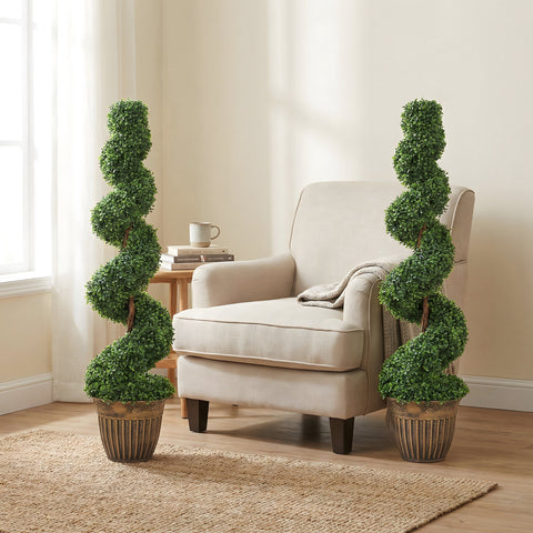 HOMCOM Set of 2 Artificial Plants, Topiary Spiral Boxwood Trees with Pot, for Home Indoor Outdoor Decor, 120cm