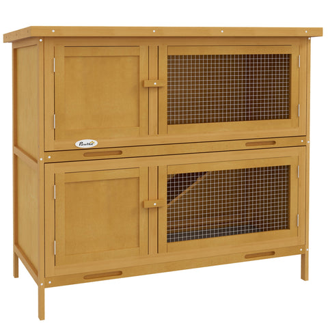PawHut Double Decker Rabbit Hutch 2 Tier Guinea Pig House Pet Cage Outdoor with Sliding-out Tray, 100 x 47 x 91cm, Yellow