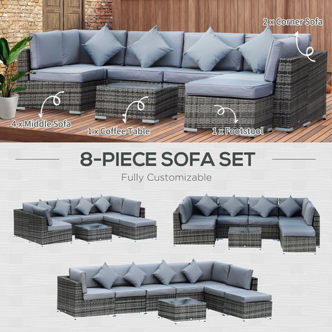 Outsunny 8 Pieces PE Rattan Corner Sofa Set with Thick Cushions, Aluminium Outdoor Rattan Garden Furniture Set with Glass Top Table, No Assembly Required, Grey