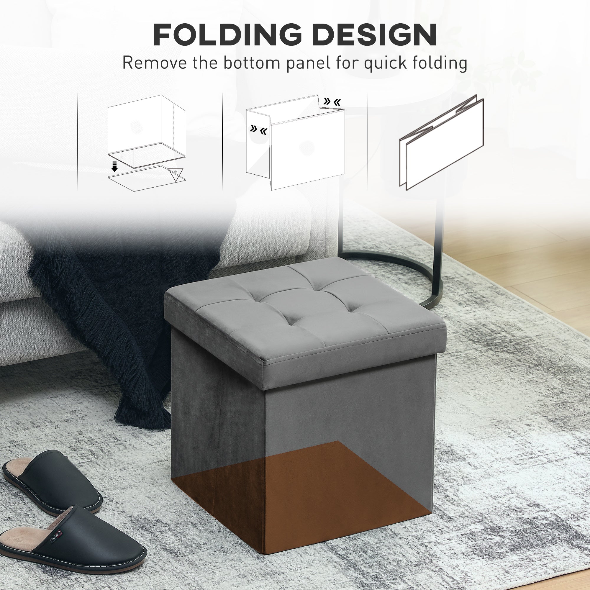HOMCOM Foldable Velvet-Feel Storage Ottoman - Grey