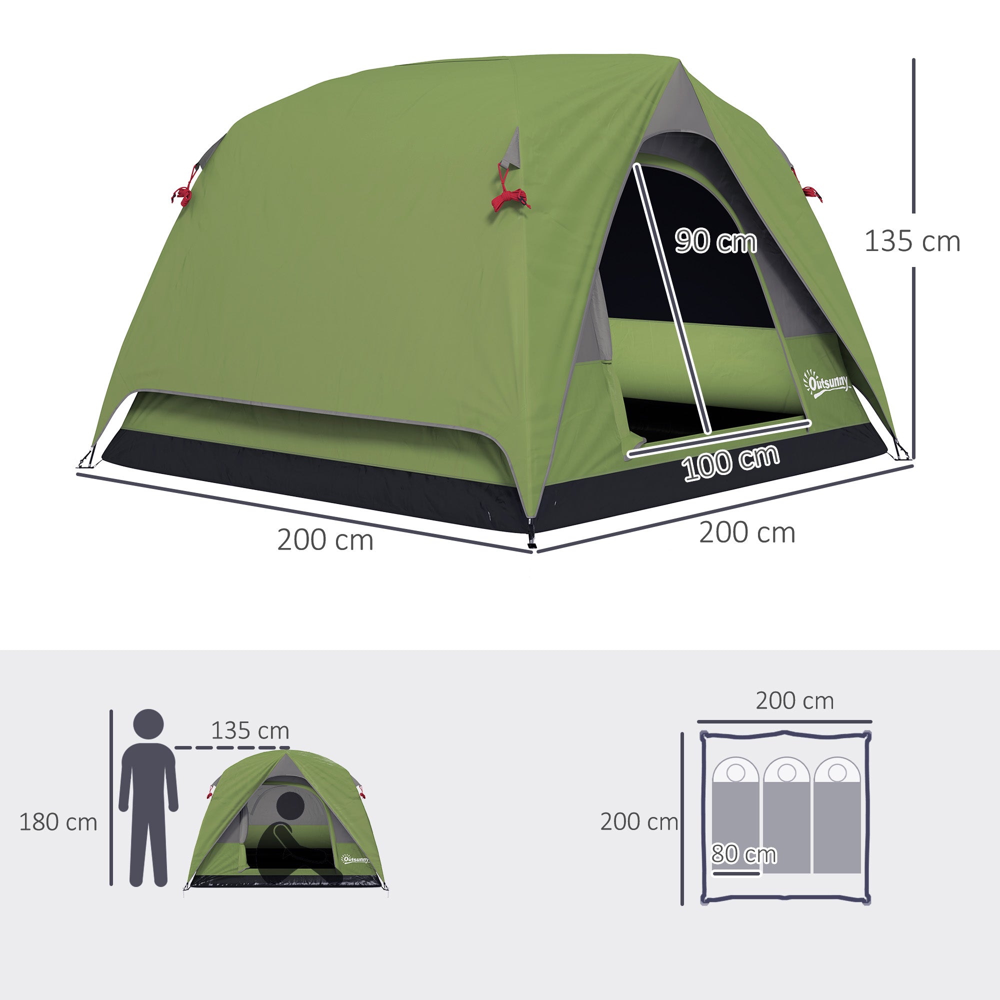 Outsunny 3-4 Person Camping Tent, Easy Set Up Waterproof Dome Tent with Sewn-in Groundsheet, Mesh Windows, Pocket and Hook for Camping, Hiking, Backpacking, Olive Green and Grey