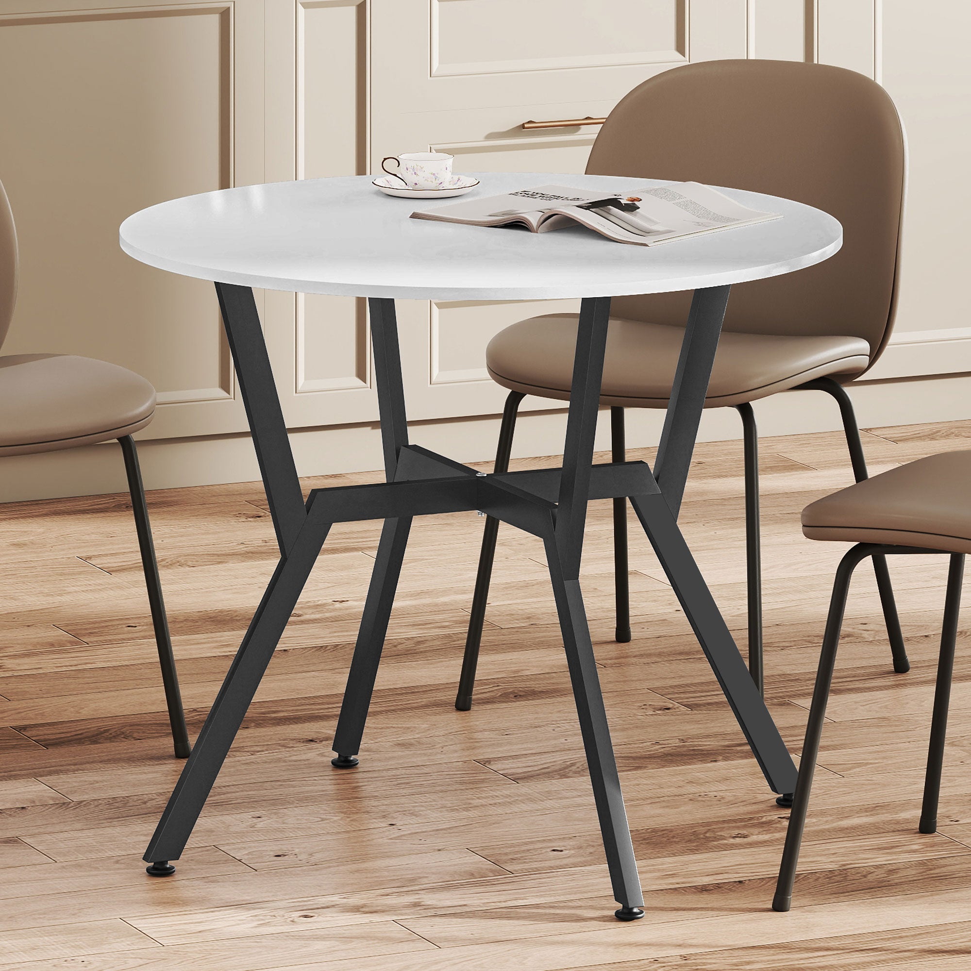 HOMCOM Dining Table, Round Kitchen Table with Black Legs for Living Room, Dining Room 90 x 76 cm, High Gloss White