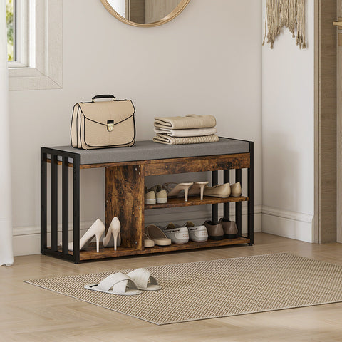 HOMCOM Shoe Storage with Seat, Upholstered Entryway Bench, Shoe Bench with 3 Open Shelves for Hallway, Rustic Brown