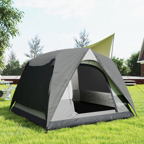 Outsunny 3-4 Person Camping Tent, Easy Set Up 3-4 Man Tent w/ Sewn-in Groundsheet, Waterproof Dome Tent w/ Mesh Windows, Grey