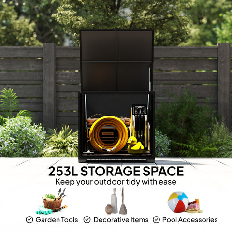Outsunny 253L Garden Storage Box, Rattan Deck Box with Zipped Liner, Safe Pneumatic Rod, Patio Storage Container, Black