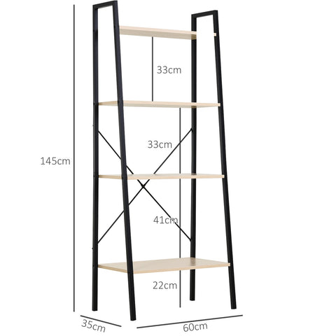 HOMCOM Bookcase 4-Tier Vintage Ladder Shelf with Wood Storage Rack, Stand Plants Display, Black and Natural
