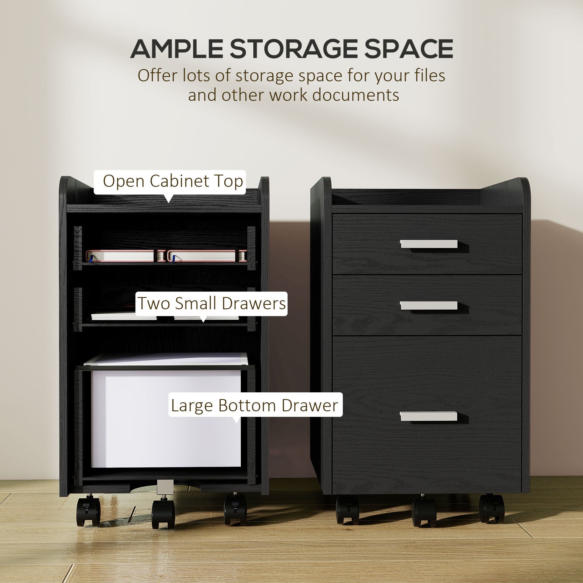 HOMCOM 3 Drawer Filing Cabinet, Rolling File Cabinet with Edged Top for Letter, A4 Size, Hanging File Folders, Black