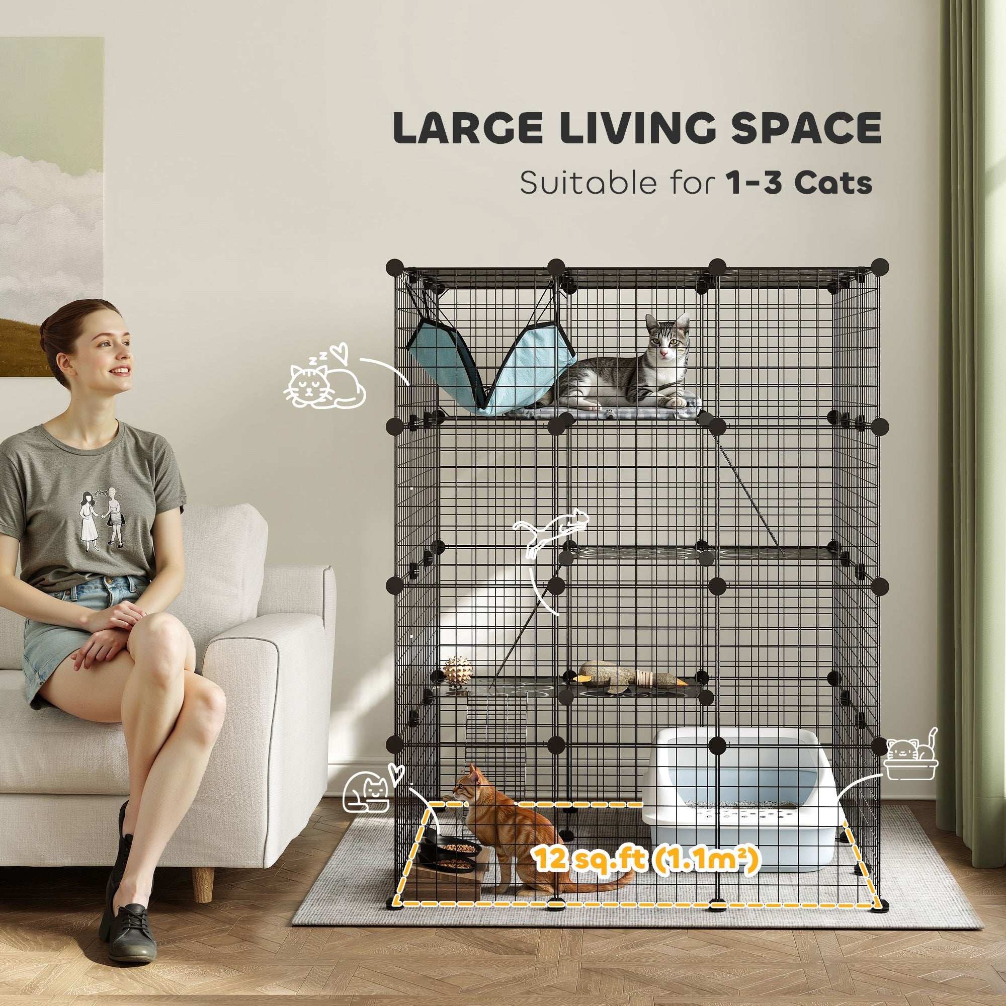 PawHut Steel Wire Cat Cage Indoor with Hammock, Ramps, Doors, DIY Cat Enclosure for 1-3 Cats, Black